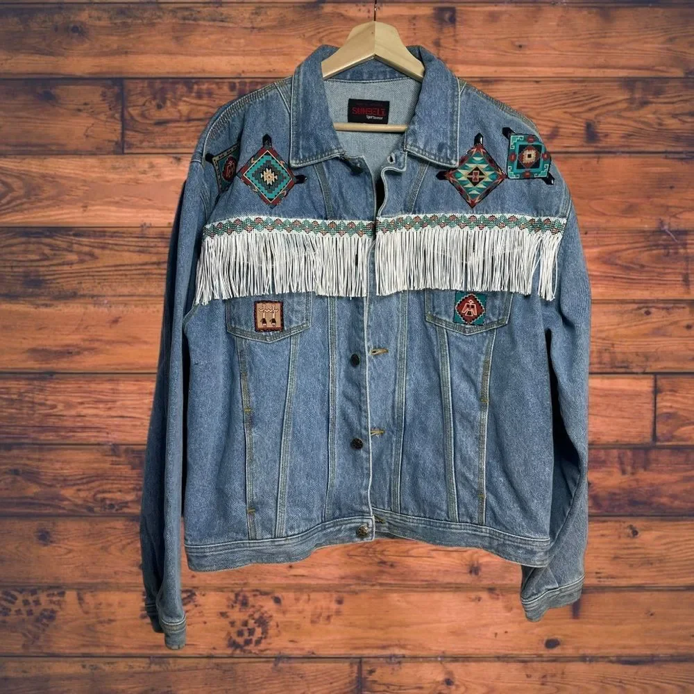 Vintage Sunbelt Aztec Denim Western Fringe Button‎ Front Jacket Medium